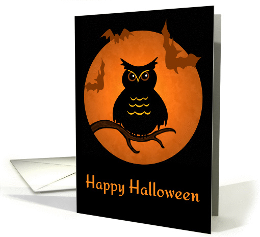 Owl on a Branch with Bats in front of October Moon for Halloween card
