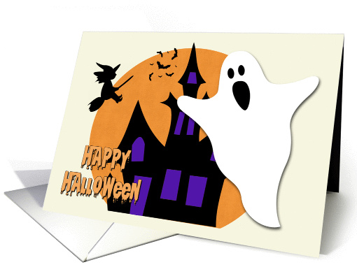Ghost with Haunted House and Witch for Halloween card (1303168)