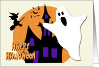 Ghost with Haunted House and Witch for Halloween card