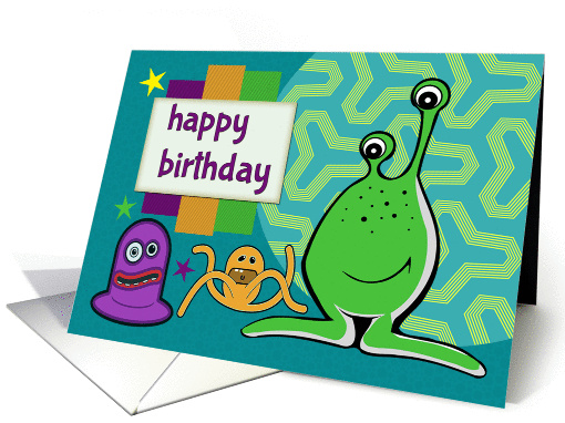 Cartoon Green, Purple, and Orange Alien Birthday card (1307972)