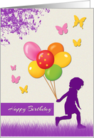 Girl Silhouette Butterfly and Balloons Birthday Card