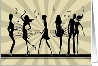Silhouette Dancing in Front of Music Notes and Sunburst Birthday Card