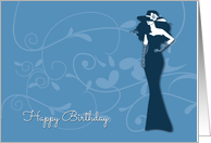 Pretty Lady in Blue with Swirls Birthday Card
