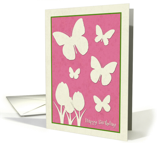Butterflies and Tulips on Pink Background Birthday card (1316262)