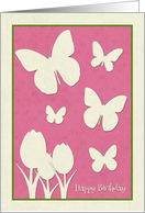 Butterflies and Tulips on Pink Background Birthday Card