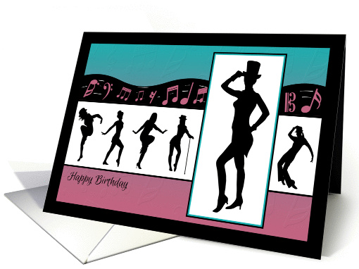 Jazz Dancers with Music Notes and Pink Background Birthday card
