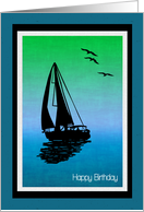 Silhouette Sailboat with Blue and Green Background Birthday Card
