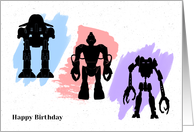 Three Robots Highlighted by Watercolor Splashes Birthday Card