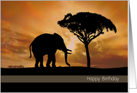 Silhouette Elephant and Tree in Front of a Sunset Birthday Card