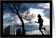 Silhouette Runner in the City by a Tree Birthday Card