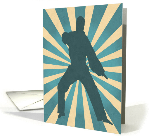 Karate Silhouette in Front of a Blue and Yellow Sunburst Birthday card