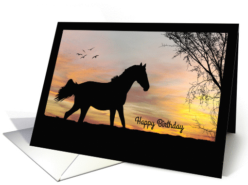 Silhouette Horse in Front of Sunset with Tree and Birds Birthday card