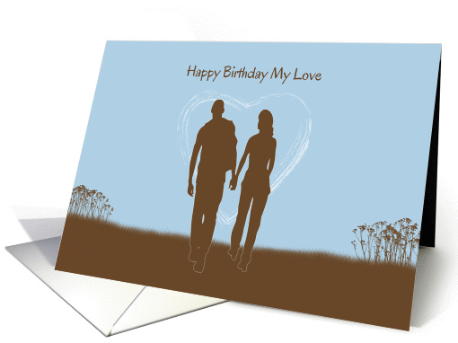 Romantic Couple Takes a Stroll with Heart Background Birthday card