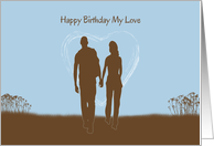 Romantic Couple Takes a Stroll with Heart Background Birthday Card