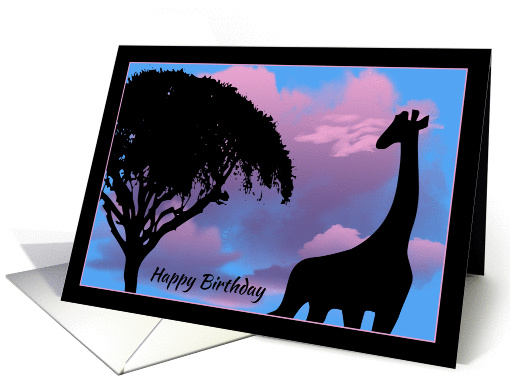 Silhouette Giraffe in front of Pink Clouds Christian Birthday card
