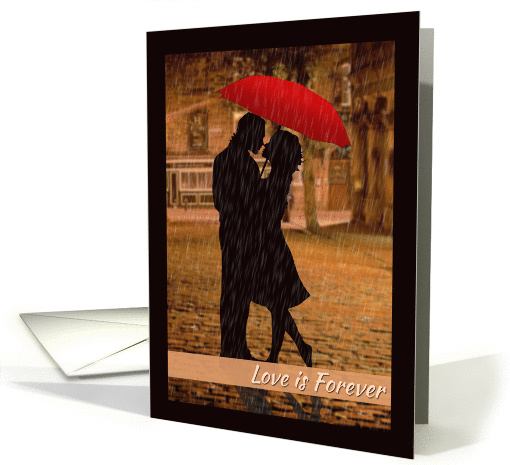 Silhouette Couple Embrace in the Rain for Love is Forever card