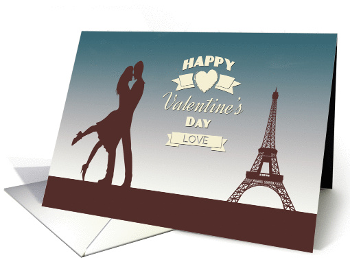 Couple Lovingly Embraces in Front of Eiffel Tower Valentines Day card