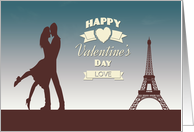 Couple Lovingly Embraces in Front of Eiffel Tower Valentine’s Day Card