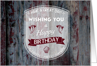 Label on a Gray and Maroon Wood Happy Birthday card