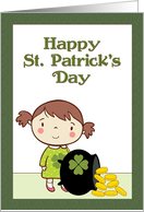 Little Cartoon Girl with Pot of Gold for St. Patricks Day card