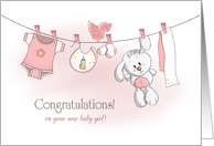 Congratulations Baby Girl with Bunny and Apparel on Clothes Line card