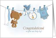 Congratulations Baby Boy with Teddy Bear and Apparel on Clothes Line card