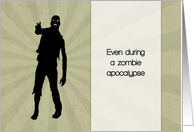 Funny Zombie Shambling with Sunburst for Birthday card