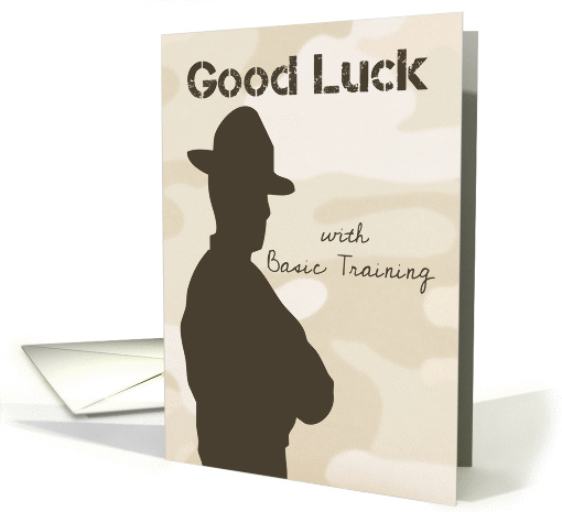 Drill Sergeant Silhouette with Camouflage Background Good Luck card