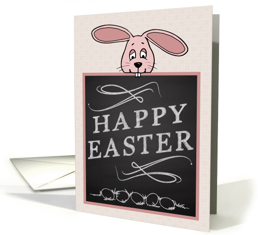 Cute Cartoon Bunny Holds a Chalkboard Saying Happy Easter card