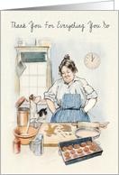 Watercolor of Mom Preparing Cookies with Cat and Dog Helping card