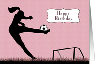 Girl Soccer Player Kicking a Ball into the Goal for Birthday card