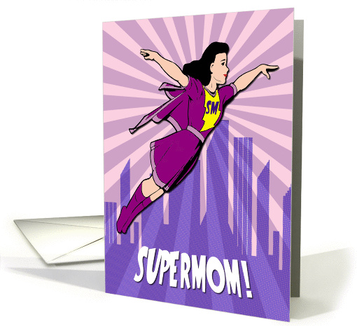 Supermom Flying Through the Sky with Sunburst for Mothers Day card