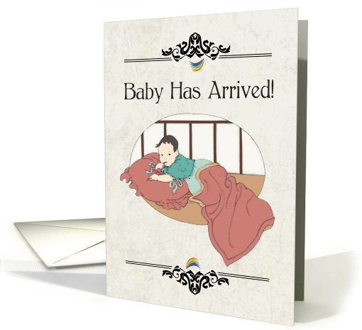 Retro Gay Couple Baby Announcement with Baby in Bed card (1364738)