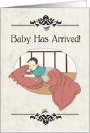 Retro Gay Couple Baby Announcement with Baby in Bed card