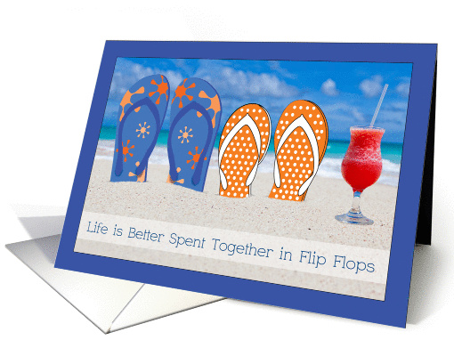 Cute Beach Engagement Announcement with His and Hers Flip Flops card