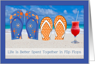 Cute Beach Engagement Announcement with His and Hers Flip Flops card