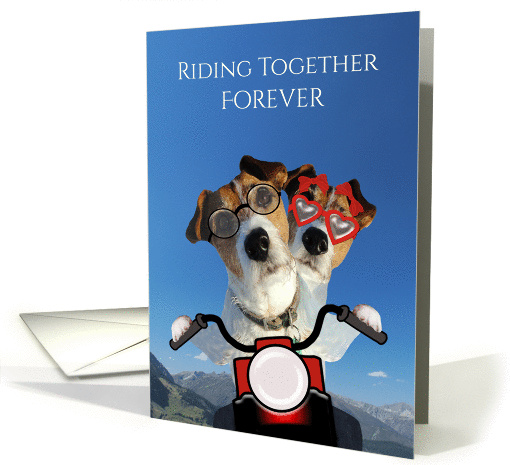 Dogs Ride on a Motorcycle with Glasses for Wedding Announcement card