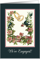 Announce Engagement with Vintage Garden Painting with Birds and Rings card