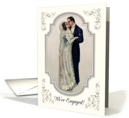 Victorian Couple in Wedding Dress Kiss on Engagement Announcement card