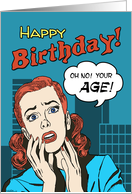 Funny Comic Book Cover Birthday Greeting with Terrified Girl card