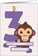 Cartoon Monkey with Number Three Candle for Birthday card