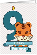 Cartoon Baby Tiger with Number Nine Candle for Birthday card