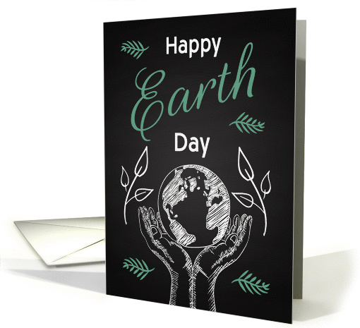 Earth Day Retro Chalkboard with Hands Holding Earth and Leaves card