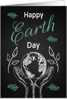 Earth Day Retro Chalkboard with Hands Holding Earth and Leaves card