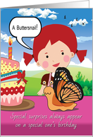 Happy Birthday Card with Cute Cartoon Girl and Funny Buttersnail card