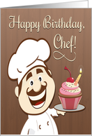 Cartoon Chef Serving a Colorful Cupcake with Candle for Birthday card
