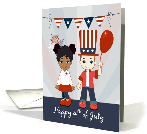 Cartoon Boy and Girl Holding a Balloon and Fireworks for... (1378674)