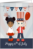 Cartoon Boy and Girl Holding a Balloon and Fireworks for 4th of July card