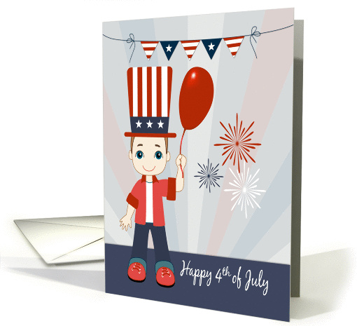 Cartoon Boy Holding a Red Balloon in Front of Fireworks... (1378676)
