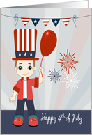 Cartoon Boy Holding a Red Balloon in Front of Fireworks for July 4th card